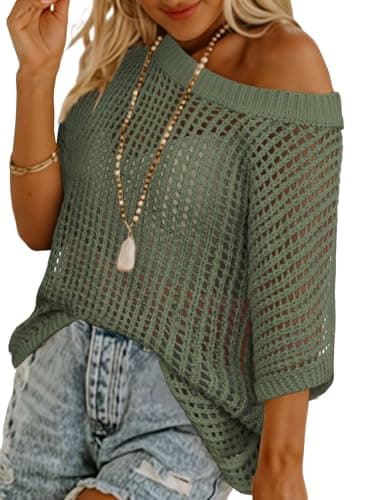 Womens Summer Boho Off the Shoulder Crochet Tops Trendy Oversized Sweaters Fashion Clothing Beach Vacation Clothes Travel Cruise Essentials Swimsuit Coverup Beach Bathing Suit Swim Cover Ups for Women - Image 1