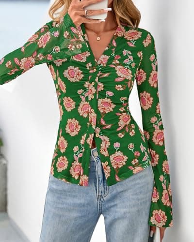 BTFBM Button Down Shirts for Women 2026 Spring Boho Tops V Neck Long Sleeve Blouses Ruched Mesh Fitted Fall Fashion(Green, XX-Large) - Thumbnail 6