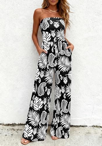 BTFBM Jumpsuits For Women Casual 2026 Floral Strapless Jumpsuit Wide Leg Rompers Beach Vacation Clothes Summer Outfits(Floral Black White, XX-Large) - Thumbnail 5