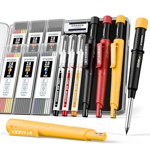 STAGEEK 3 Pack Carpenter Pencils with Sharpener, Mechanical Carpenter Pencils with 57 Refills, Construction Pencil Heavy Duty Woodworking Tools, Deep Hole Long Nib Marker Pens for Architect Marking - Image 1