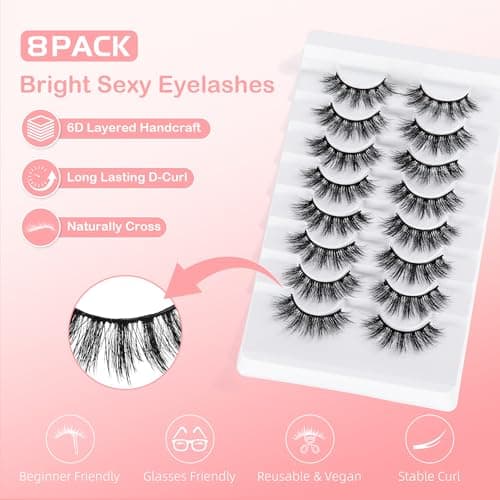 False Eyelashes Manga Anime Lashes, Wispy Volume Fake Lashes, Invisible Band for Cosplay, 8 Pairs Faux Mink Natural Look Spiky Eyelash Strips 17MM (Bright Sexy) - Thumbnail 2