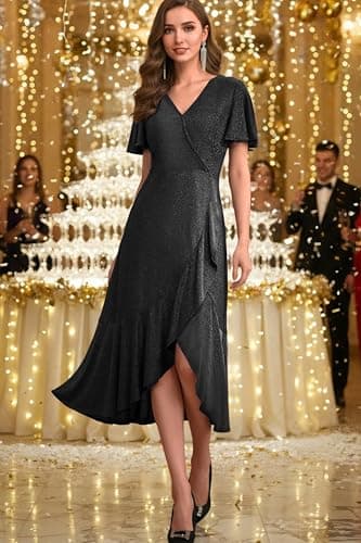 Autumn Flowerwall Women Plus Size Formal Party Gown Sparkle Black XL Lustrous Knit V Neck Flutter Sleeve Cocktail Dress A-Line Evening Gowns for Curvy Women Prom Ball Gown Slit - Thumbnail 5