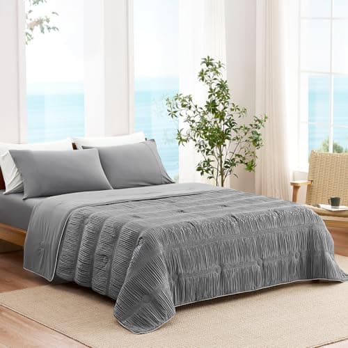 Snuggle Sac Cooling Comforter Twin Size – Q-Max 0.43 Striped Cooling Blanket for Hot Sleepers &Night Sweats,Lightweight Breathable Summer Blanket,Dual-Sided Silk Smooth,68x90 Inches,Dark Grey - Image 1