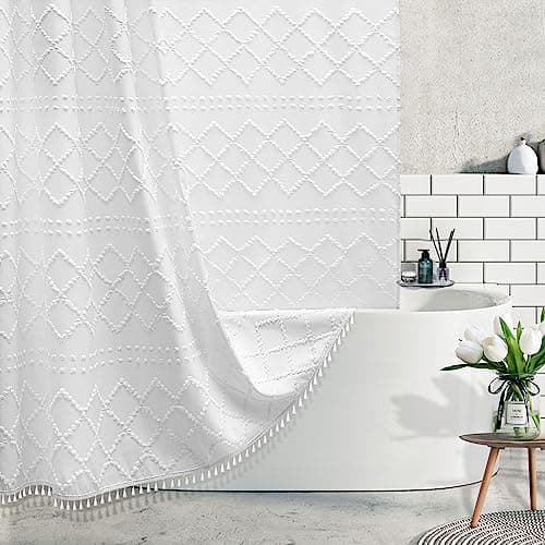 White Boho Shower Curtain Fabric Shower Curtains with Tassel 72 x 72 Modern Textured Shower Curtain Farmhouse Minimalist, Tufted Chevron Striped Shabby Chic, Water Resistant Cloth Curtain for Bathroom - Image 1