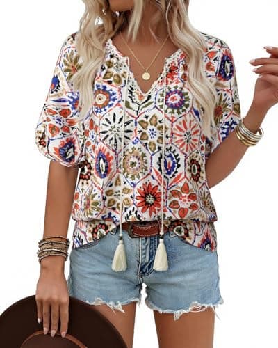 Summer Womens Spring Tops for Women Casual V Neck Half Short Sleeve Boho Blouses Shirts Flowy Vacation Clothes Colorful S - Image 1