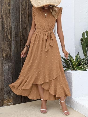 BTFBM Women V Neck Summer Dress 2025 Cap Sleeve Swiss Dot Boho Flowy Ruffle Slit Beach Party Long Maxi Cocktail Dresses(Khaki, Large) - Thumbnail 3