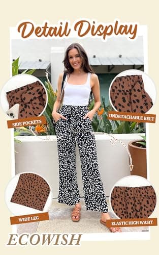 ECOWISH Womens Palazzo Pants Wide Leg Trousers with Pockets High Waist Casual Loose Flowy Pants with Belt 160 Black Small - Thumbnail 5