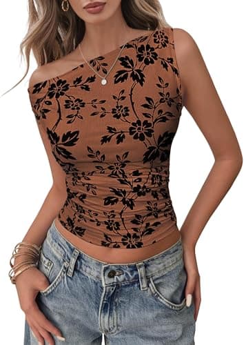 Lazysmile Womens Summer Floral Off Shoulder Tops Sleeveless Ruched Slim Fit Shirts Blouse Y2K Going Out Mesh Tank Tops Orange - Image 1