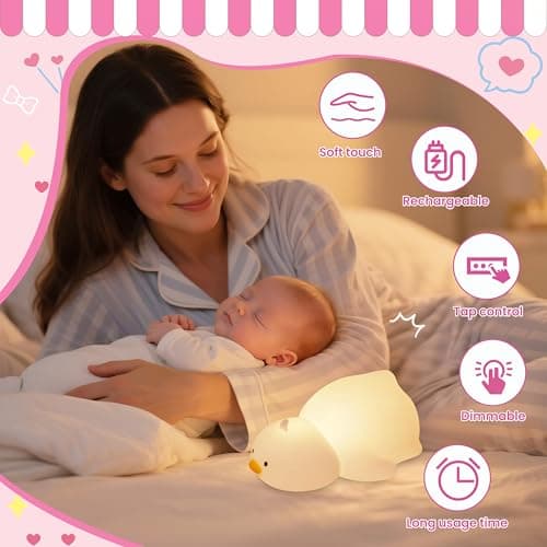 loatme Night Light for Kids, Rechargeable Dimmable Silicone LED Nightlight with 7 Colors, Baby Nursery Night Lamp, Touch Squishy Lamp, Cute Gifts for Girls, Boys, Toddler Room Decor, Lying Duck - Thumbnail 5