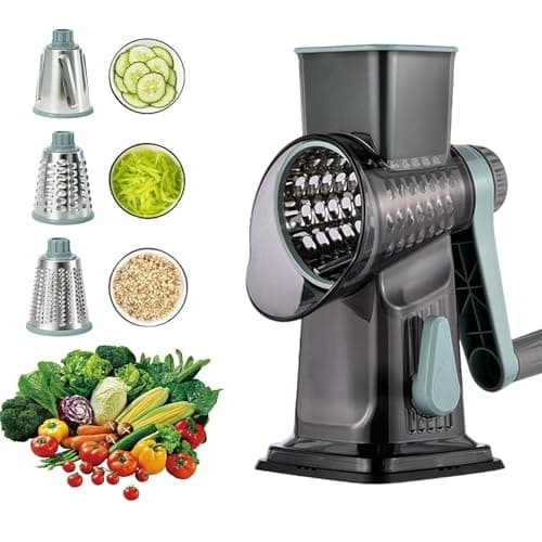 Spylandy Rotary Cheese Grater, 3-in-1 Manual Vegetable Slicer with Handle, Safer Kitchen Mandoline Shredder with Suction Base for Cheese, Nuts, Potatoes & Salads – Easy to Clean (Smoke Grey)