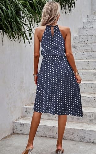 ECOWISH Polka Dot Women Summer Dress Midi A Line Ruffle High Low Sleeveless Boho Floral Halterneck Cocktail Tie Knot Sundress Blue Medium - Thumbnail 2