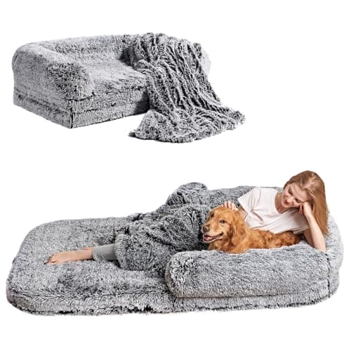 EHEYCIGA Foldable Human Dog Bed, 72"x44"x11" Orthopedic Memory Foam Human Sized Dog Bed, Waterproof Pet Bed for People, Faux Fur Pet Couch for Adult with Non-Slip Bottom, Faded Black - Image 1