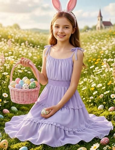 Girls Dresses Size 12-14 Teen Purple Elegant School Easter Summer Spring Sleeveless Spaghetti Strap Sundress Teenage Special Occasion Vestidos para Niñas Ruffled Tiered Graduation Formal Party Dress - Thumbnail 2