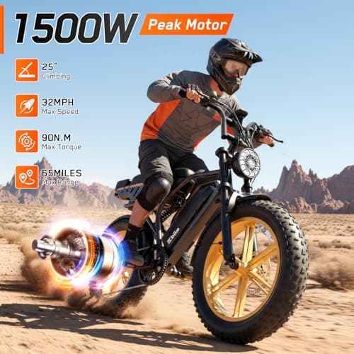 TS TST GRP LLC Electric Bike for Adults,1500W Peak Motor Retro E Bike,Removable 48V 15Ah Battery,20" x4.0 Fat Tire,30 MPH Max Speed,60/100 Miles Range, Ebike with Suspension,UL 2849 Wheels Hub Yellow - Thumbnail 4