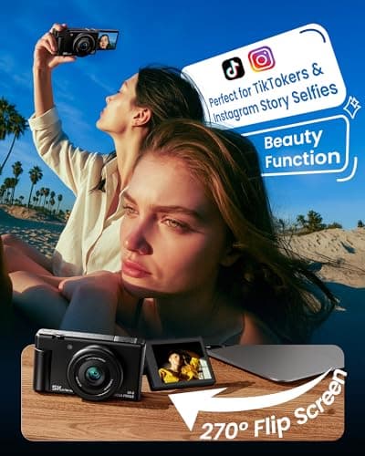 True 5K Digital Camera for Photography, Autofocus 80MP with 18X Digital Zoom 3" 270°Flip Screen Dual-Lens Selfie Camera for YouTube Vlogging & Content Creation, 2 Batteries, 32GB Card & Flash，Black - Thumbnail 3