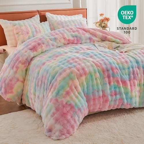 EMME Faux Fur Duvet Cover Queen Size, 3 Pieces Ultra Soft Fluffy Comforter Cover, Cozy Warm for Winter, Luxury Elegant Shaggy Bubble Design Bedding, 1 Duvet Cover & 2 Pillow Shams (Queen, Rainbow) - Thumbnail 3