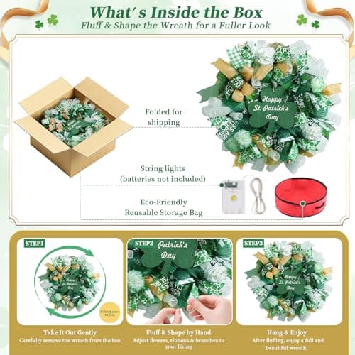 Presentastic 25 Inch Large St Patricks Day Decorations Wreath, Handmade Artificial Shamrock Wreath for Front Door with LED Lights, Kiss Me Im Irish for Wall Decor Window, Saint Paddys Day Decorations - Thumbnail 6