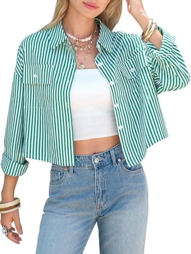 EXLURA Women's 100% Cotton Striped Cropped Button Down Shirt Long Sleeve Blouse Summer Casual Collared Crop Tops with Pockets Green - Image 1