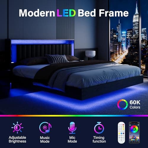 Belffin Floating Bed Frame King Size with LED Lights & Charging Station, Wooden Headboard with Hidden Storage and Faux Leather Backrest, Easy Cleaning, No Box Spring Needed, Noise-Free, Black - Thumbnail 4