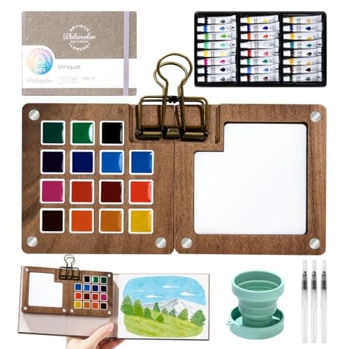 Mini Watercolor Paint Set, Mini Watercolor Travel Kit Wooden Palette with 24 Color, Brush, Sketchbook, Metal Clip, Water Cup for Adults Painting Enthusiasts
