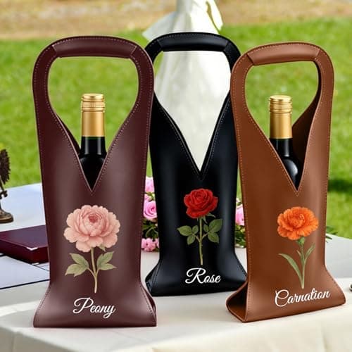 NYLGOXITK Personalized Leather Wine Tote Bag – Custom Name & Birth Flower Wine Bottle Holder, Elegant Reusable Wine Carrier for Birthday, Anniversary, Wedding & Holiday Gifts - Thumbnail 2