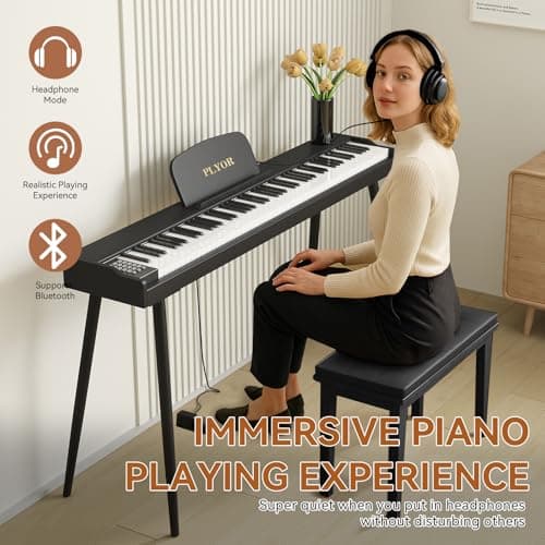 PLYOR 88 Key Digital Piano Keyboard with Stand & Sustain Pedal, Full-Size Semi Weighted Electric Piano for Beginners/Adults, Home Professional Piano with Headphone Jack, MIDI Connectivity, Black - Thumbnail 2