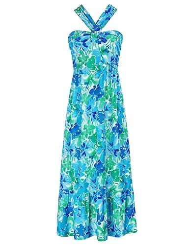 2024 Summer Women's Criss Cross Halterneck Sleeveless Floral Print Flowy A Line Maxi Dress Blue Green S - Image 1