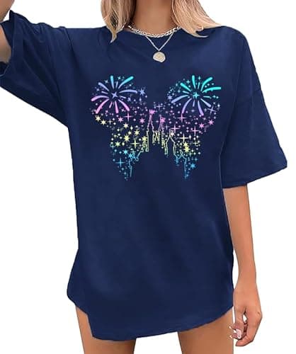 Oversized Magical Shirt Women Magic Kingdom Castle Shirt Bows Graphic Tee Summer Fairy Cute Tops Blue - Image 1