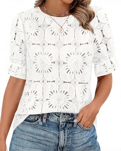 KIRUNDO Lace Tops for Women Blouses Dressy Casual Boho Eyelet Puff Short Sleeve Shirts Spring Summer Clothes Vacation Outfits(White, X-Large) - Image 1
