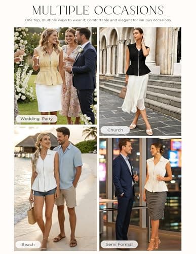 GRACE KARIN Womens Peplum Tops Business Casual,Short Sleeve Work Blouses Summer,Zipper V Neck Shirts Cinched Smocked Waist, Black, X-Large - Thumbnail 6