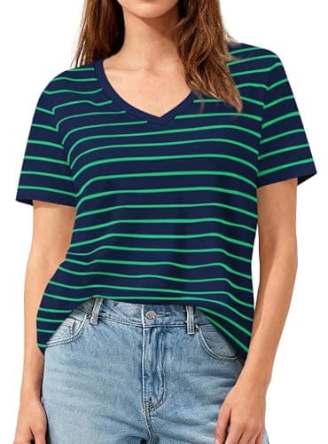 PRETTYGARDEN Short Sleeve Shirts for Women 2026 Spring V Neck Cute Tops Casual Striped Shirt Knitted Tees Summer Outfits (Striped Blue Green,XX-Large) - Image 1
