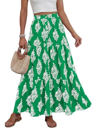 BTFBM Long Skirts for Women Summer 2026 Elastic High Waist Flowy A Line Casual Boho Tiered Floral Maxi Skirt Pockets(Green White Flower, Large) - Image 1