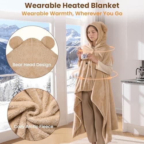 Bearbug Cordless Heated Blanket 50“ x 70", Portable Wearable Heated Blanket Shawl Hoodie Battery Operated, Car Charger, Dc Adapter, 3 Heating Level, Machine Washable, Brown - Thumbnail 2