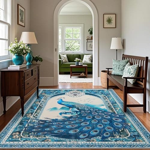 FLYRUGGO 3x5 Peacock Rug for Entryway, Modern Indoor Washable Entry Way Area Rugs, Small Soft Non-Slip Accent Carpet Door Mat for Dining Room Kitchen Kids Bedroom - Blue Peacock - Thumbnail 2