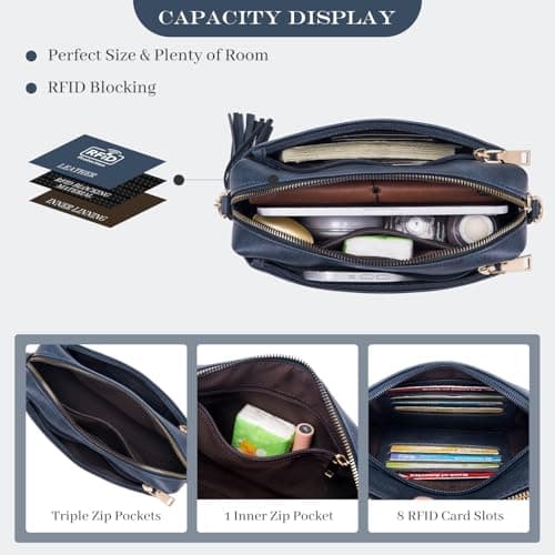 Roulens Triple Zip Small Crossbody Bag for women,Wide Strap Cell Phone Purse Shoulder Handbag Wallet with Credit Card Slots - Thumbnail 2