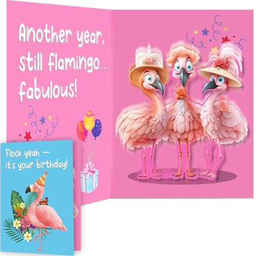mountova Funny Birthday Cards with Sound & Motion - Flamingo Musical Birthday Cards for Her Women, Mom, Sister, Bestie, Pop Up Birthday Card with Envelope, 5.9" x 7.9"