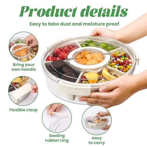 Snackle Box Container Divided Serving Tray with Lid, 6-Compartment Portable Spinning Round Stackable Container, Handle for Organize Veggies, Fruit, Candy, Party Snacks, Nuts, Kitchen Party Essentials - Thumbnail 4