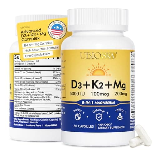 UBIOSKA Vitamin D3 K2 Magnesium Supplement – 5000 IU D3 + MK-7 K2 with 8-Form Magnesium (Glycinate, Taurate, Malate) for Calm Sleep, Stress Relief, Mood Balance & Strong Bones – 60 Capsules