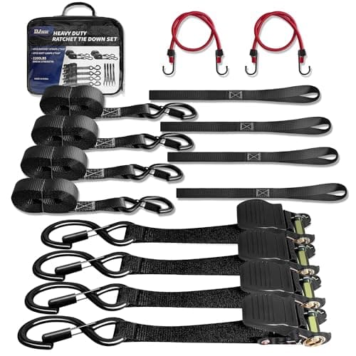 Heavy Duty 1" x 15' Ratchet Straps (4 Pack) - 2200 lb Break Strength with Soft Loops & Coated S-Hooks for Truck, Trailer, Motorcycle, ATV, UTV, Boat, Car Accessories (Black) - Image 1