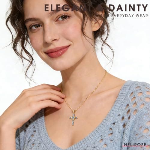 Helirose Heart Cross Necklace for Women, 18K Gold Plated CZ Faith Pendant, Anti-Tarnish Hypoallergenic Jewelry, 20" Adjustable Chain, Ideal for Birthday, Anniversary, Mother's Day, Everyday Wear (Blue-Gold) - Thumbnail 2