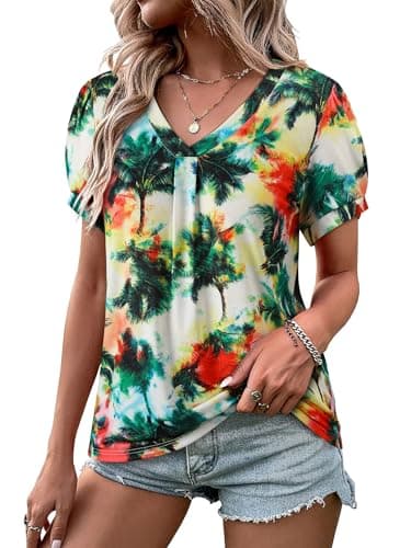 Womens Puff Short Sleeve Hawaiian Shirts Floral Tropic Printed Pleated V Neck Summer Casual T-Shirt Trendy Boho Blouses Tops Aqua M - Image 1