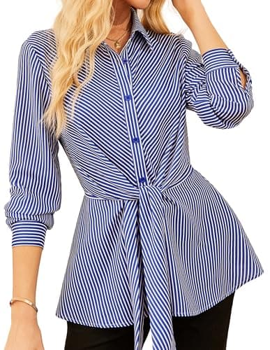 GRACE KARIN Peplum Tops for Women Tie Front Striped Button Down Shirt Collared Long Sleeve Business Casual Work Office Blouse Blue