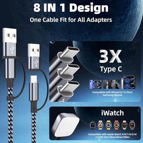 4 in 2 Charging Cable for Phone Watch Charger with 3 Type-C Ports, Travel Essentials USB C Splitter Multi Charging Cable/Cord for iWatch Ultra/SE/11-1, iPhone17 16 15 14, Android, More -1Pack 5FT - Thumbnail 2