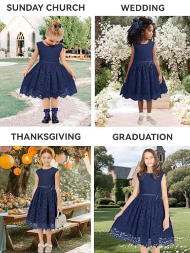 ALLOVIN Girls & Toddlers Sleeveless A-Line Lace Party Dress Birthday Wedding & Flower Girl Dress with Beaded Bowknot | Navy Blue | 3-4T - Thumbnail 6