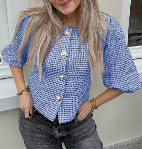 Cicy Bell Womens Cropped Tweed Blazers Puff Short Sleeve Crew Neck Button Business Casual Suit Jackets Blue - Thumbnail 5