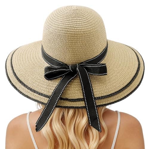 Womens Summer Straw Sun Hats Wide Brim Panama Fedora Beach Hat with Wind Lanyard UPF 80+ Beige - Image 1