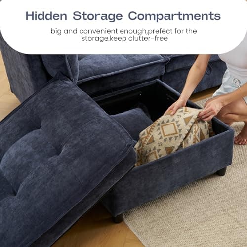 fanzutuz Modular Sectional Sofa, 102.5" L-Shaped Cloud Couch with Storage, 4-Seater Deep Seat Couch with Tufted Cushions & Removable Pillows, Comfy Chenille Couches for Living Room, Blue - Thumbnail 4