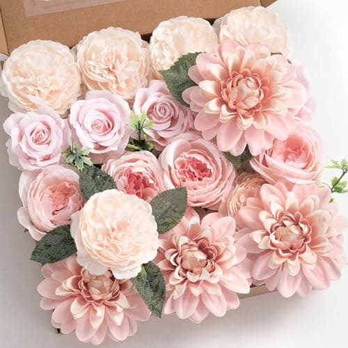 SWNAWE Pink Flowers Artificial Roses Combo Set Faux Pink Silk Flowers Fake Roses Mix Dahlia Peonies with Stems for Wedding Bouquets Table Centerpiece Baby Bridal Shower Birthday Party Decorations - Image 1