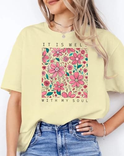 MiraElley Christian Shirts Women It is Well with My Soul Shirt Vintage Bible Verse Boho Wildflowers Floral Graphic Tees Beige - Thumbnail 4
