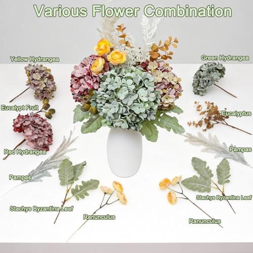 Lune cle Hydrangea Artificial Flowers Bouquet, Pre-Arranged Fake Flowers Bouquet with Ranunculus, Eucalyptus, Pampas, Real Touch Silk Flowers for Centerpiece Shelf Table Wedding Home Decor - Thumbnail 3